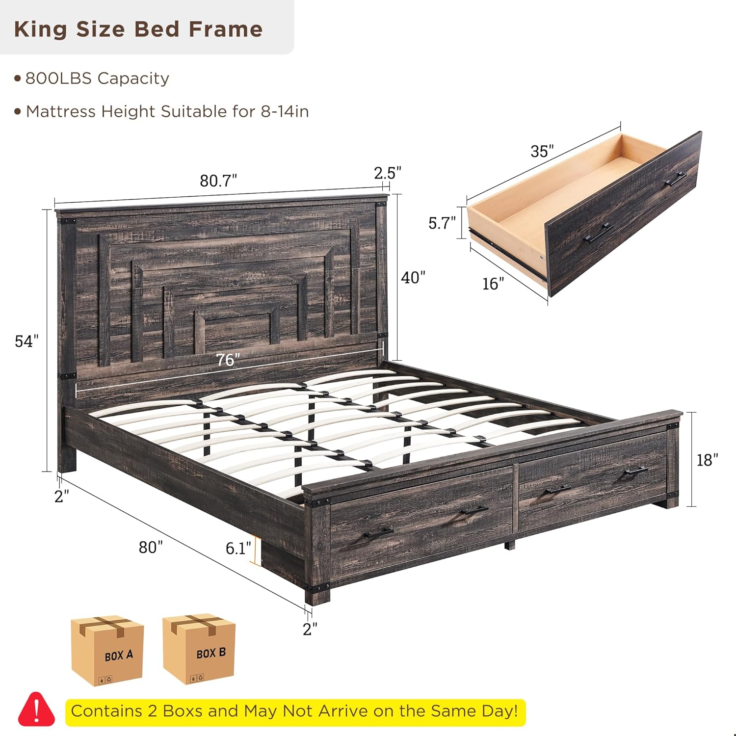 Farmhouse King Size Wood Bed Frame with Storage Drawers