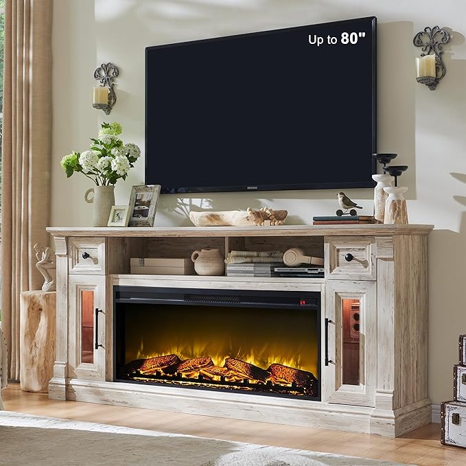 OKD Farmhouse Fireplace TV Stand for 80 Inch TVs