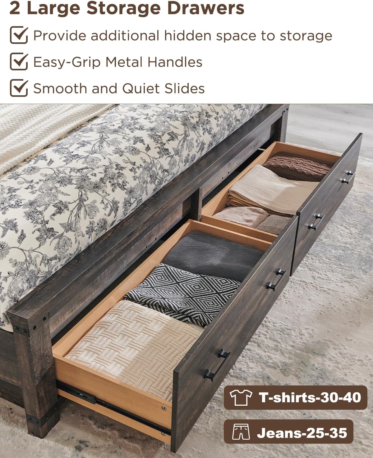 Farmhouse King Size Wood Bed Frame with Storage Drawers