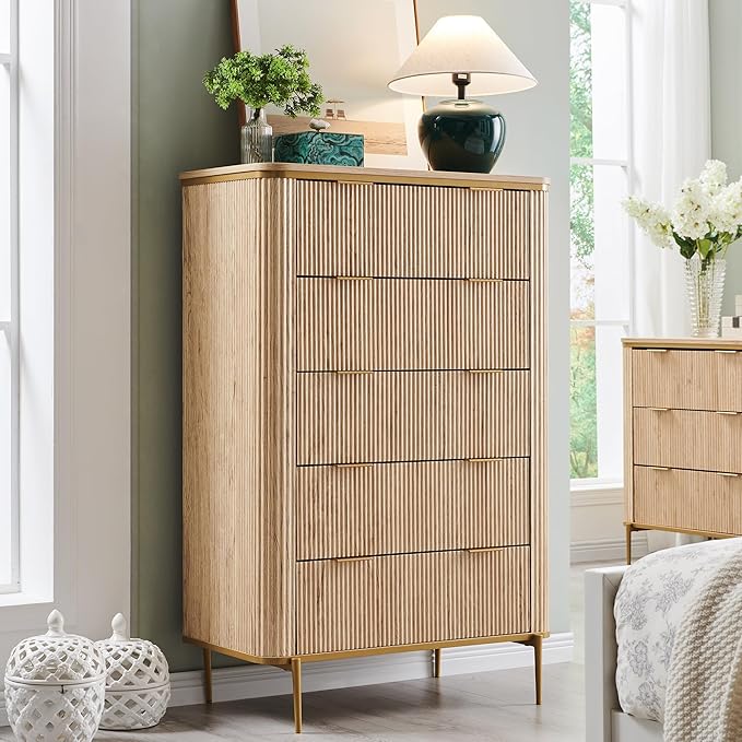 T4TREAM Fluted 5-Drawer Dresser: Modern Wood Storage Organizer