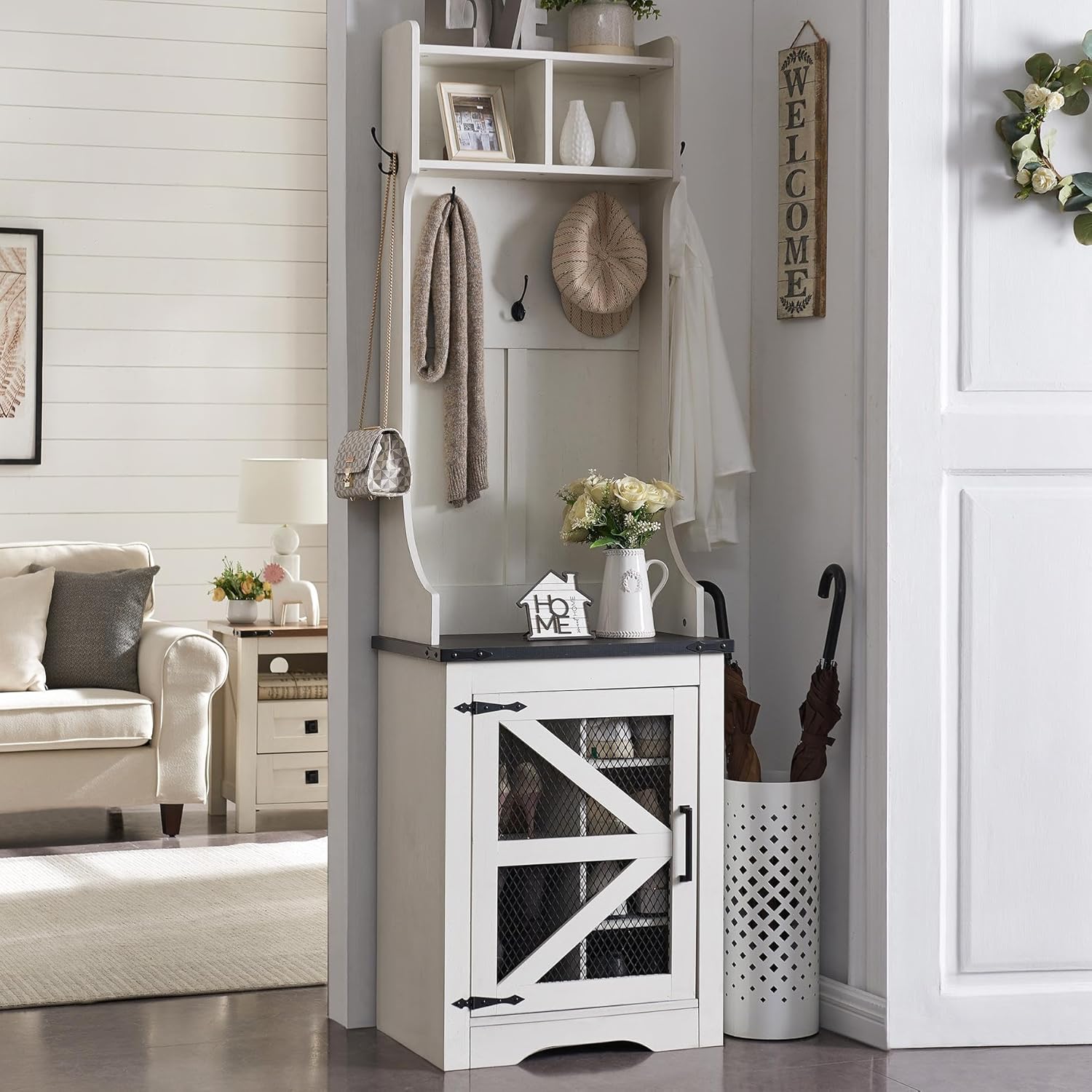 JXQTLINGMU Farmhouse Hall Tree with Shoe Storage Bench & 5 Hooks