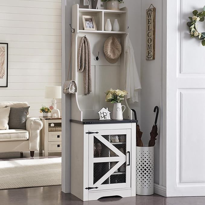 JXQTLINGMU Farmhouse Hall Tree with Shoe Storage Bench & 5 Hooks