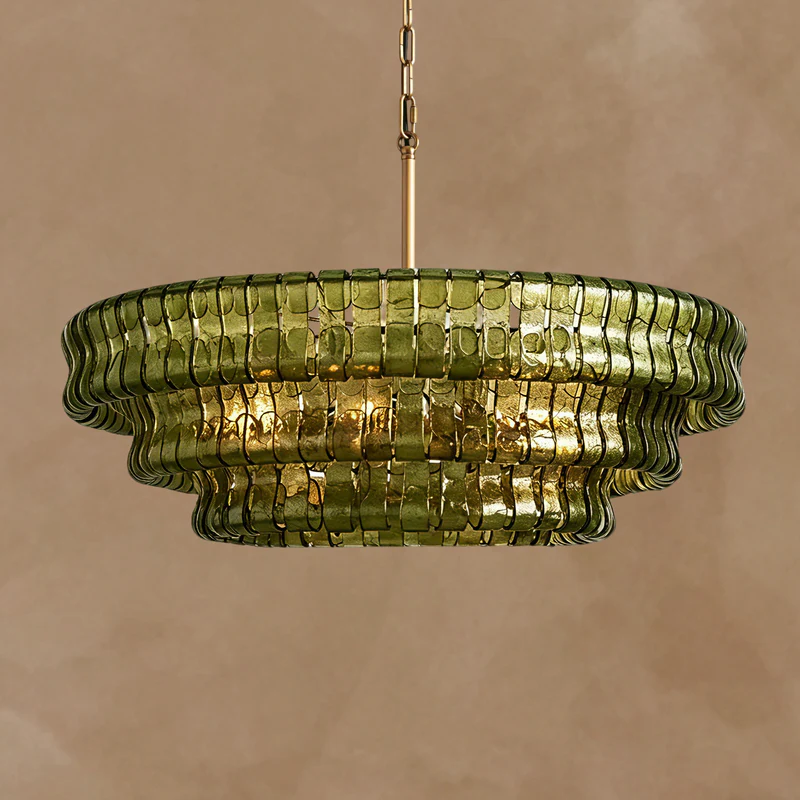 Givrelle round chandelier in brass with green Italian glass shades
