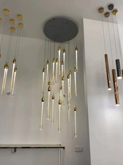 Sorenza Modern Long Gold Glass Raindrop Rod Pendant Light for Staircase/High-ceiling room