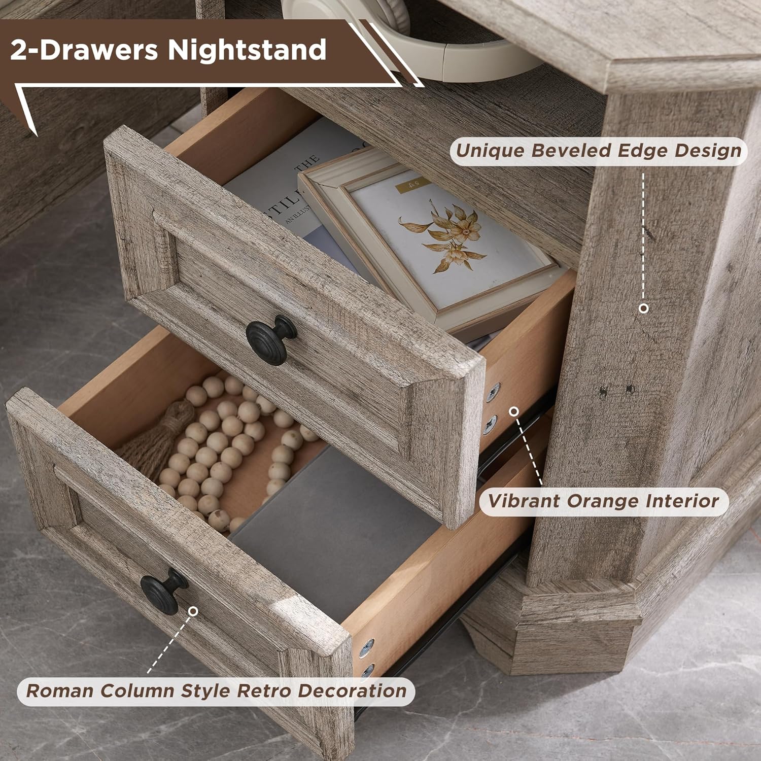 Farmhouse Nightstand with Charging Station Wood End Table Bedside Cabinet