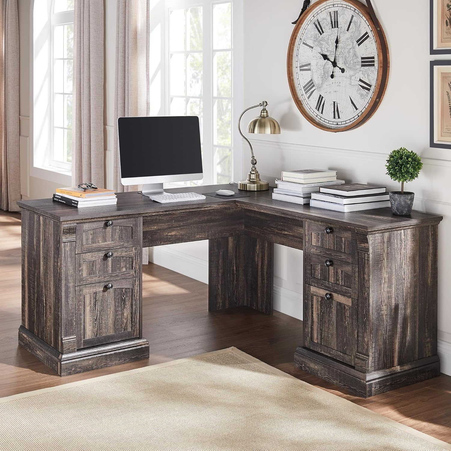 Farmhouse Rustic 60" L-Shaped Executive Desk with Charging Station
