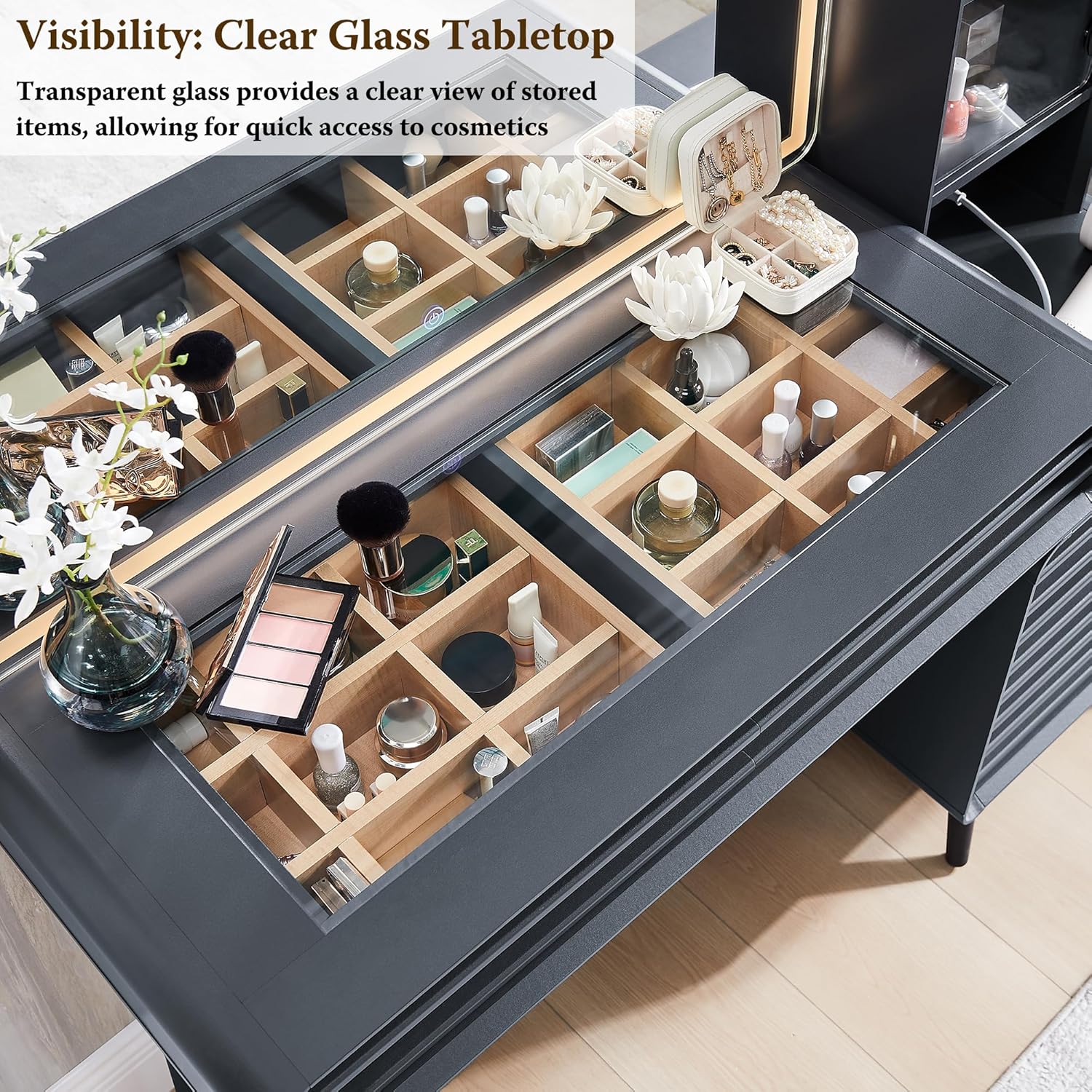 Fluted Makeup Vanity Desk with Lighted Mirror and Charging Station