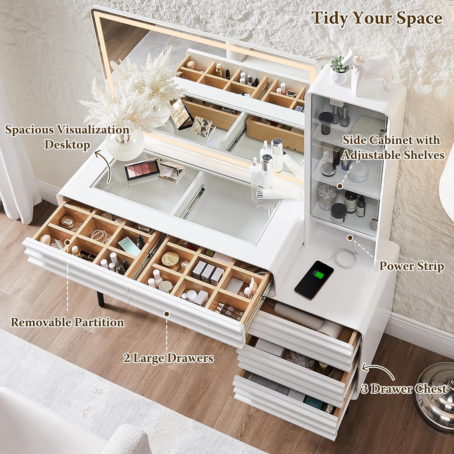 Fluted Makeup Vanity Desk with Lighted Mirror and Charging Station