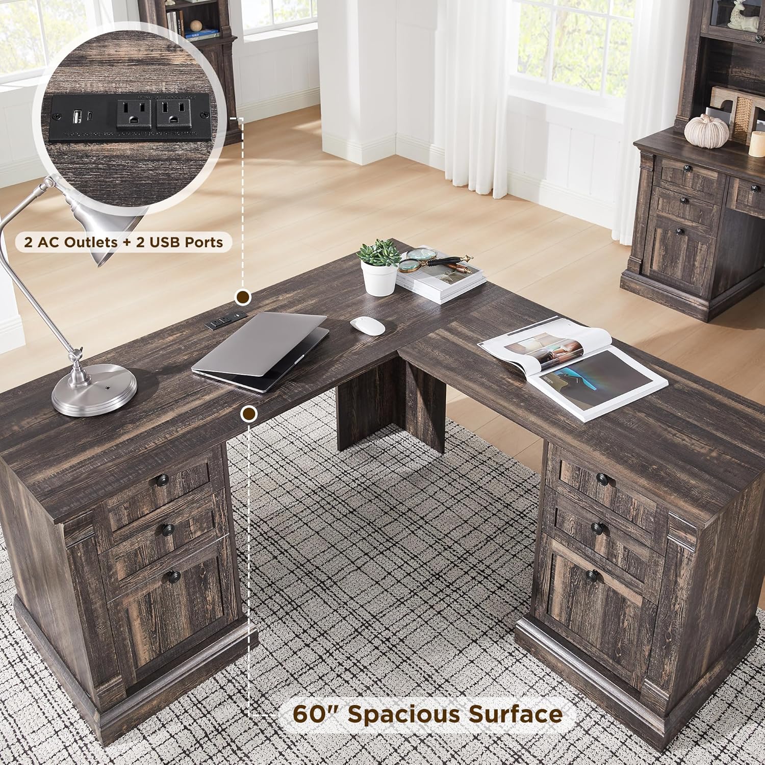 Farmhouse Rustic 60" L-Shaped Executive Desk with Charging Station