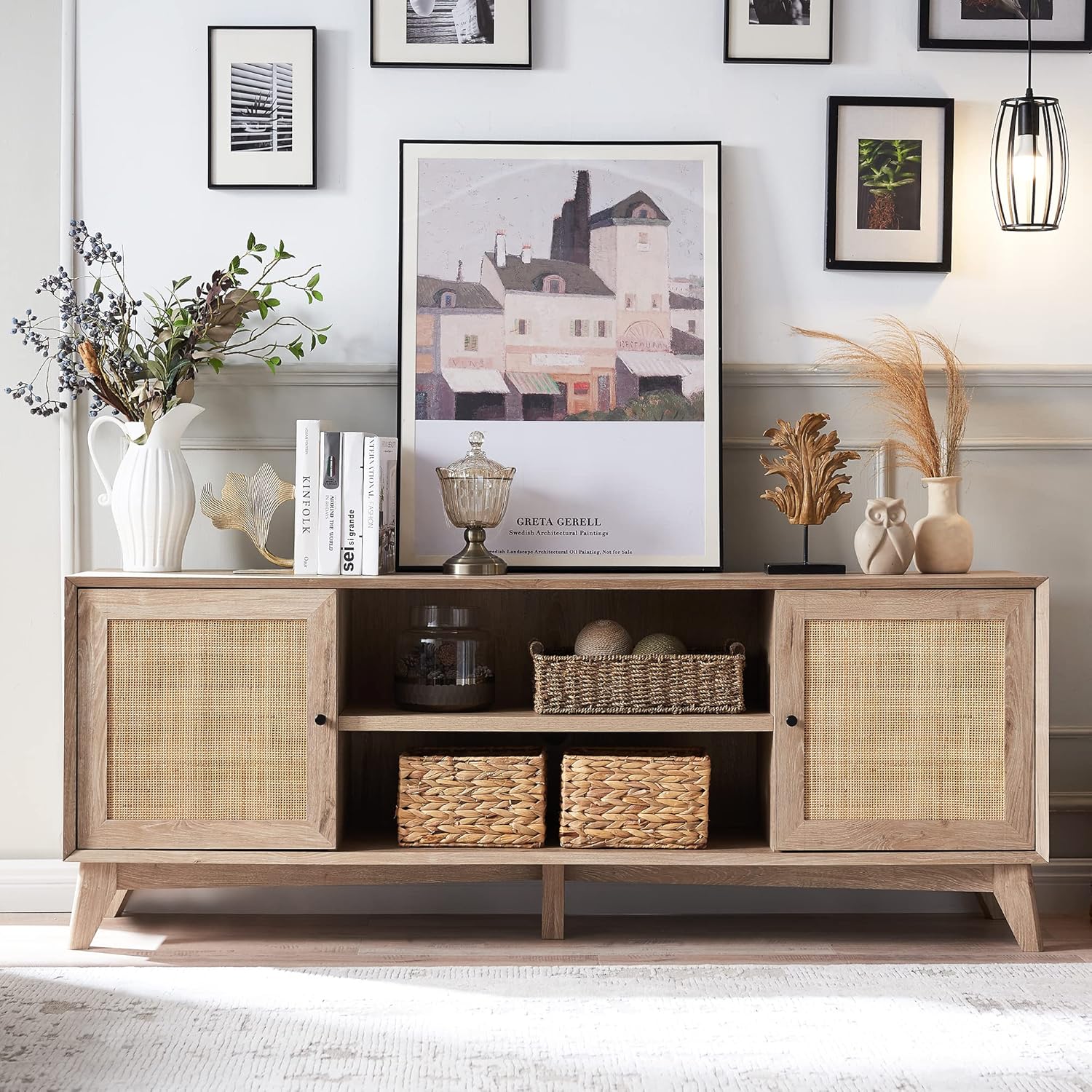 OKD Mid Century Modern TV Stand with Rattan Door for 75+ Inch TV