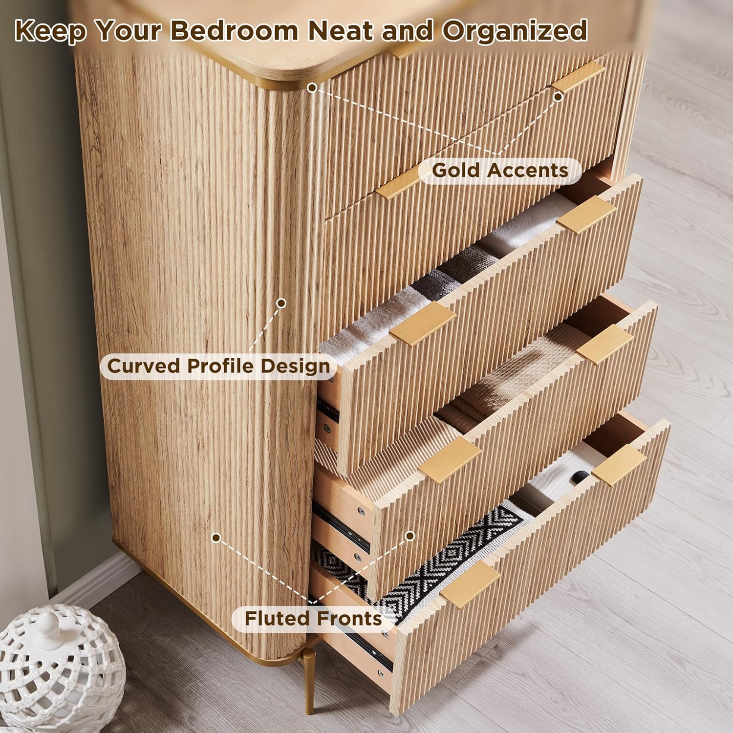 T4TREAM Fluted 5-Drawer Dresser: Modern Wood Storage Organizer