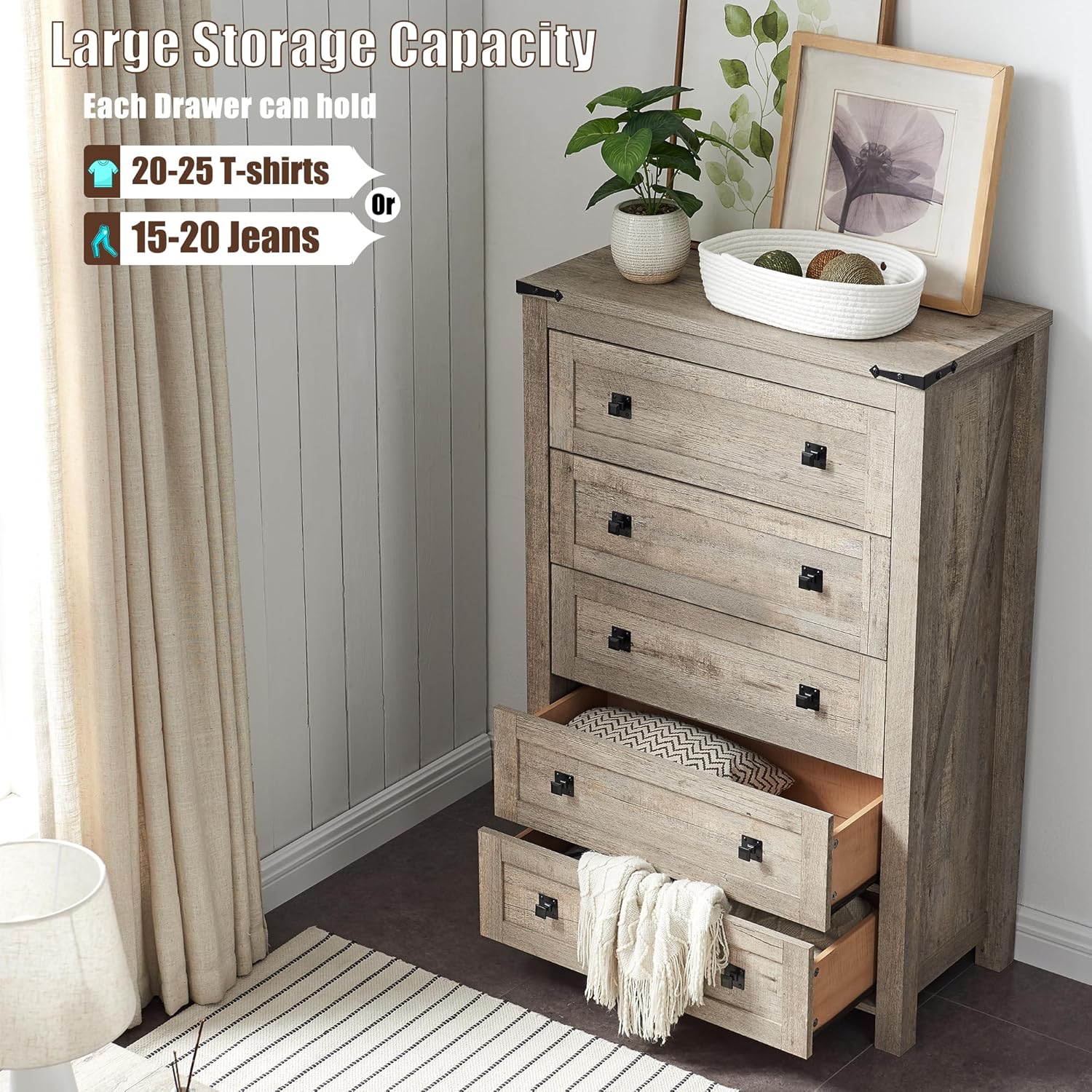 T4TREAM Farmhouse 5 Drawer Dresser - Rustic Wood Chest