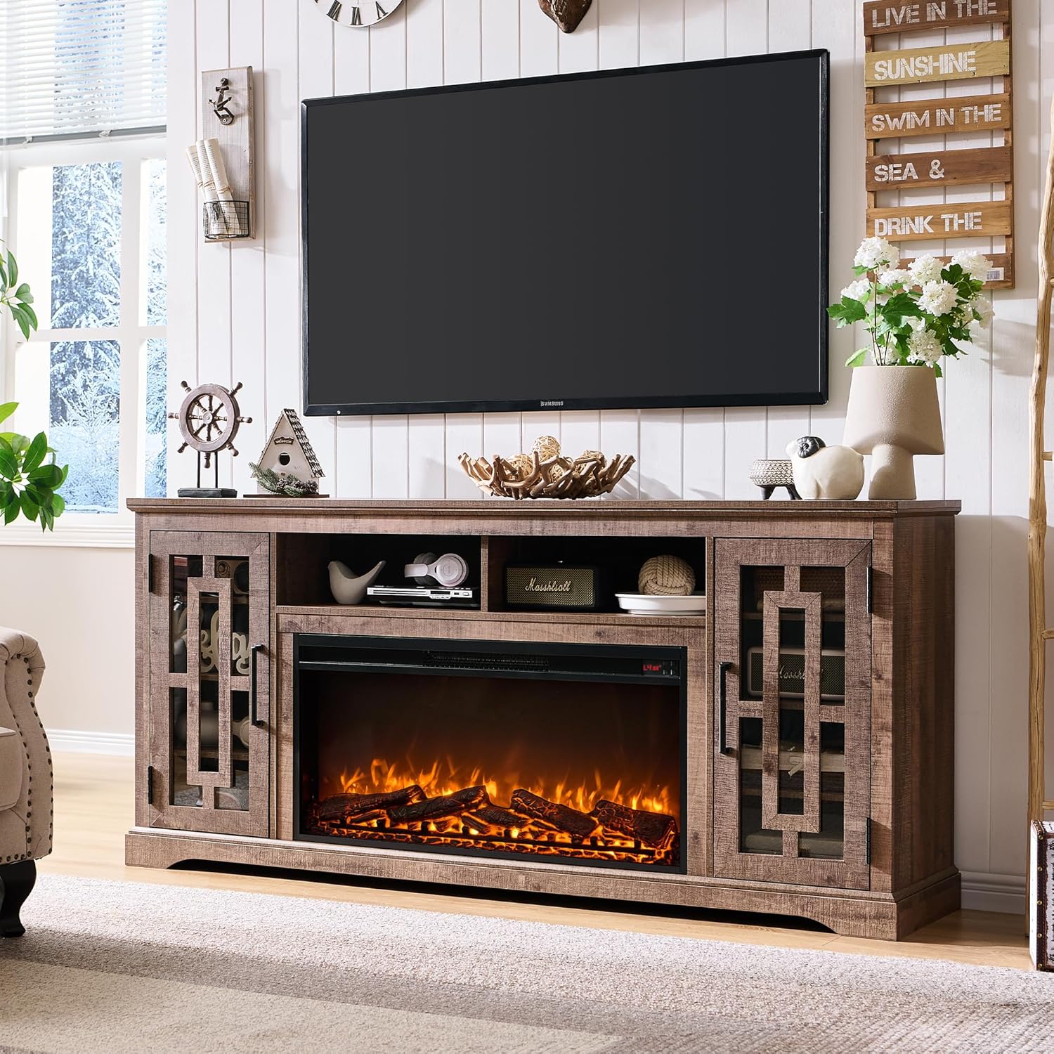 JXQTLINGMU Farmhouse Fireplace TV Stand for 80 Inch TV with Shelves