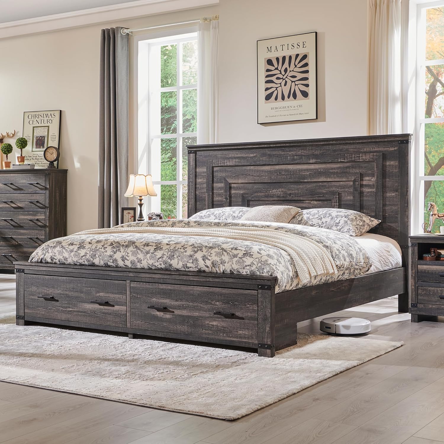 Farmhouse King Size Wood Bed Frame with Storage Drawers
