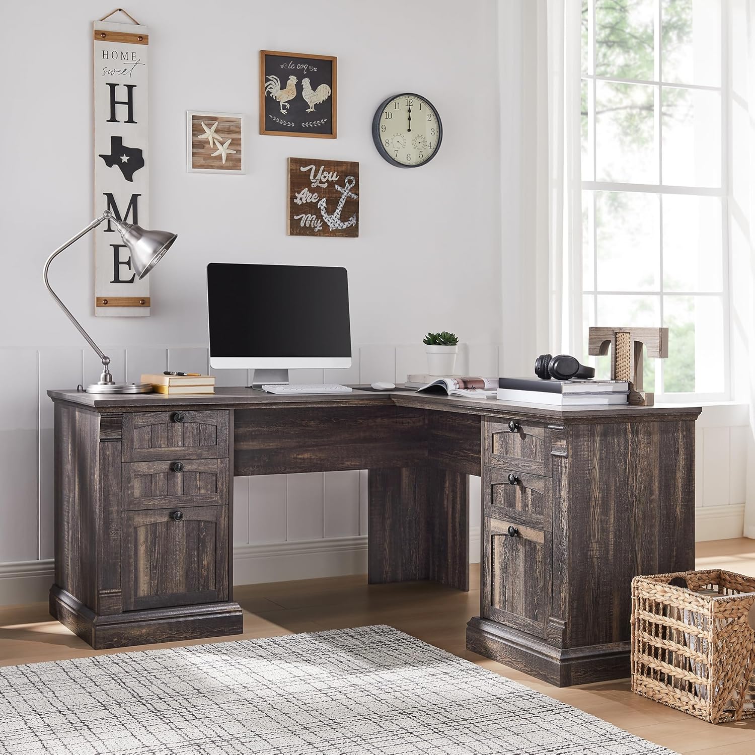 Farmhouse Rustic 60" L-Shaped Executive Desk with Charging Station