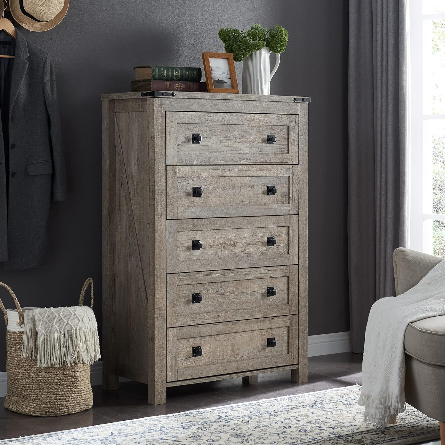 T4TREAM Farmhouse 5 Drawer Dresser - Rustic Wood Chest