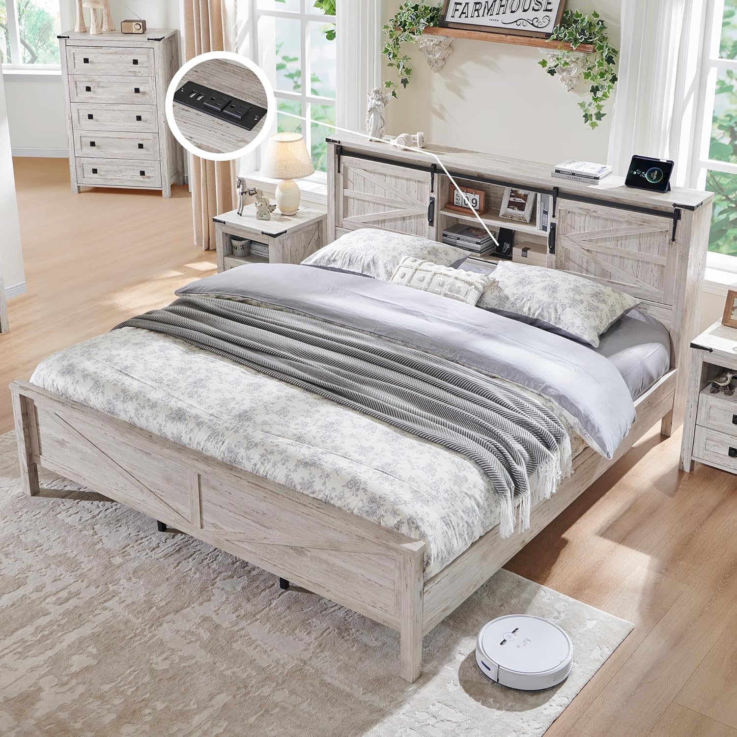 Farmhouse Queen Bed Frame with Storage Headboard, Sliding Barn Door