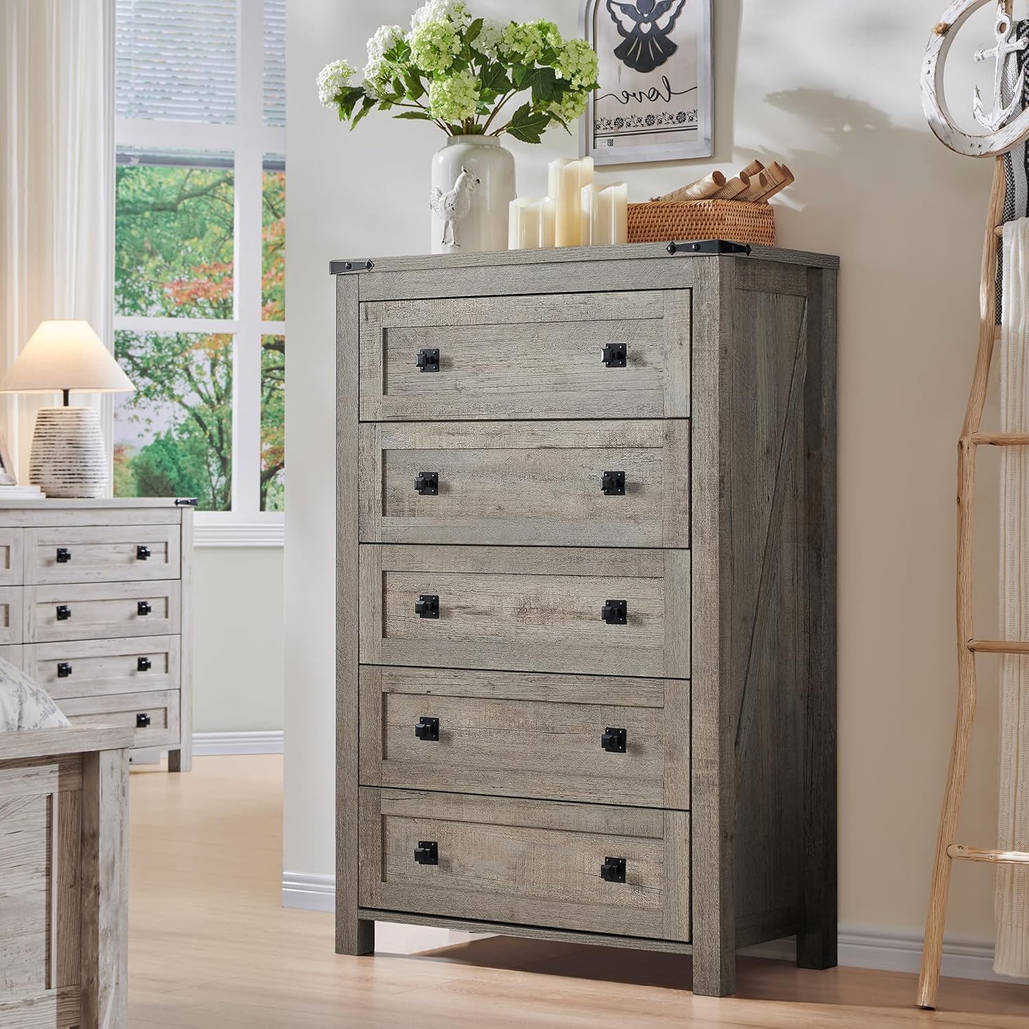 T4TREAM Farmhouse 5 Drawer Dresser - Rustic Wood Chest