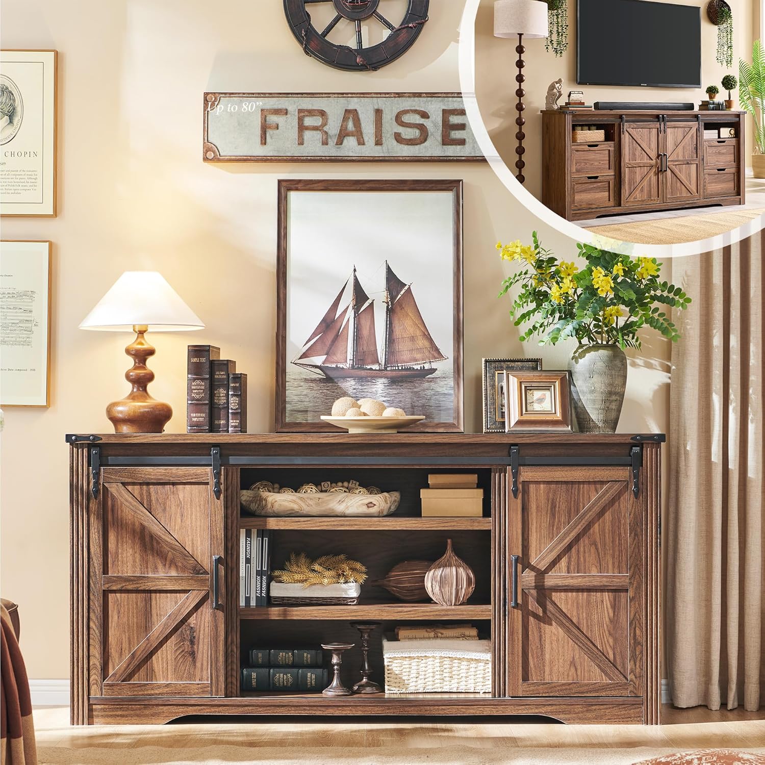Farmhouse TV Stand with Sliding Barn Door, Rustic Media Console