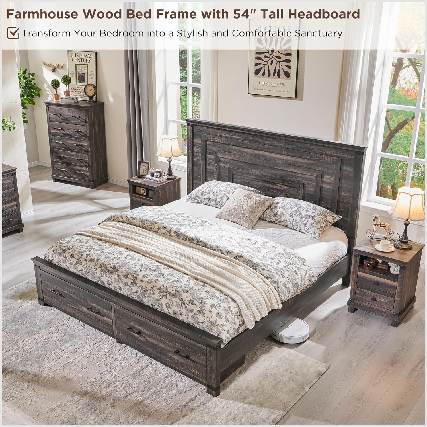 Farmhouse King Size Wood Bed Frame with Storage Drawers