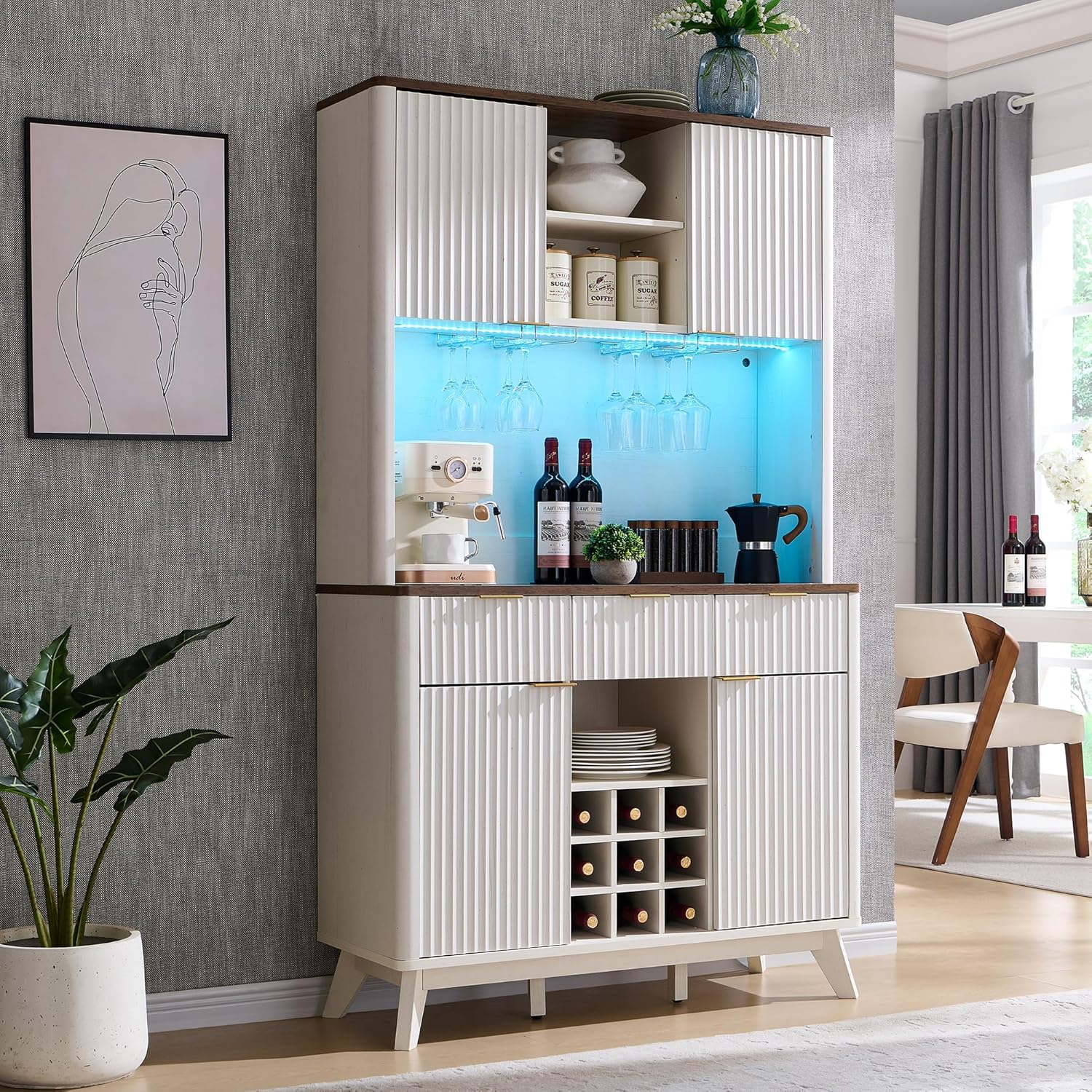 72" Tall Wine Bar Cabinet with Hutch, LED Lights & Storage