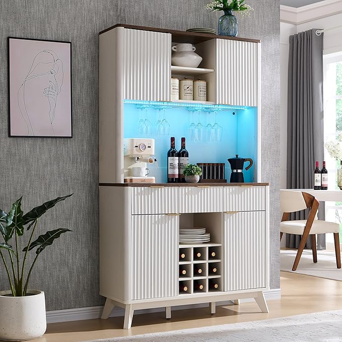 72" Tall Wine Bar Cabinet with Hutch, LED Lights & Storage