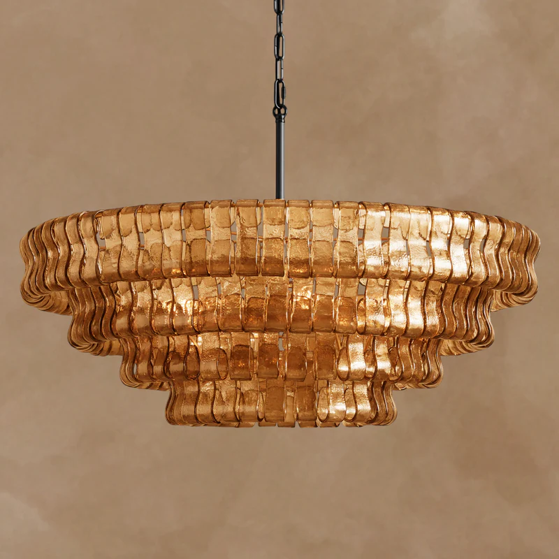 Ghiaccio round chandelier in brass with amber glass, full tiered view