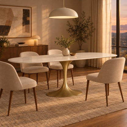 Happyarcadian Steel Base Marble Surface Dining Table