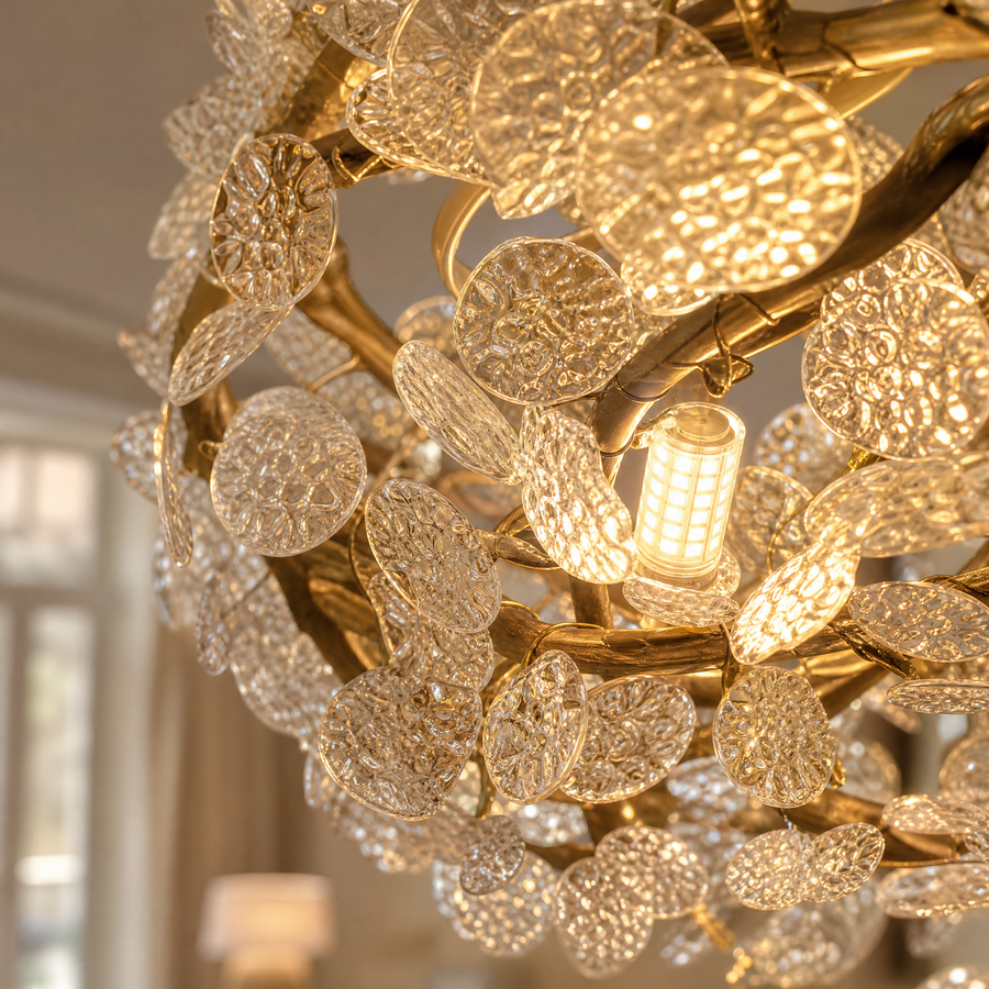 A circular gold metal chandelier with frosted glass leaf accents suspended by thin cables.