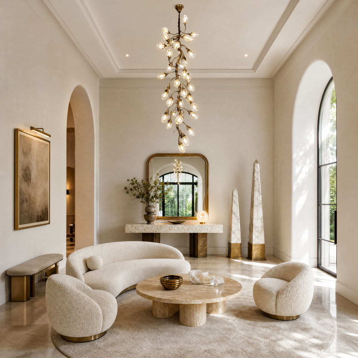 A modern chandelier with an antique brass metal vine frame and glowing glass buds hanging in a bright room.