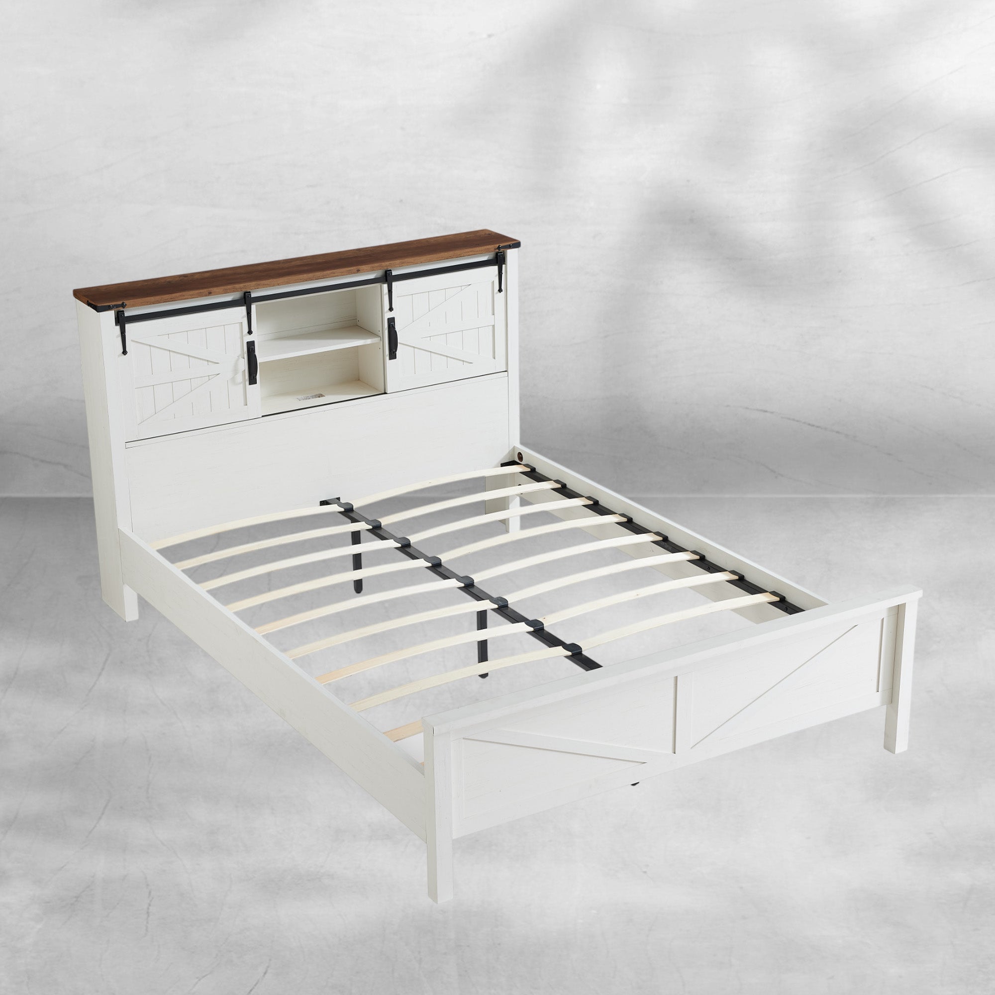 Farmhouse Full Size Bed Frame with Bookcase Headboard and Charging