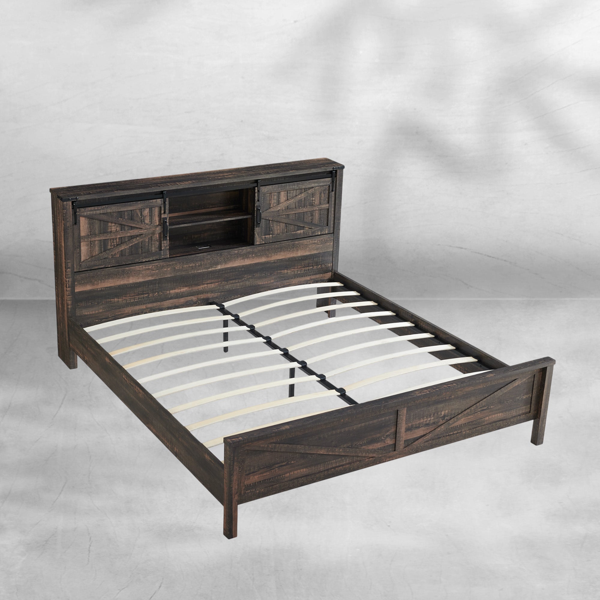 Rustic Farmhouse King Bed Frame with Bookcase Headboard and Charging Station