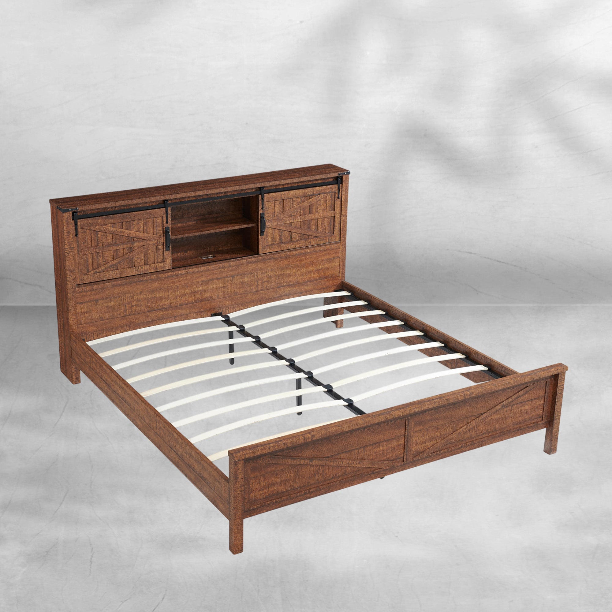 Rustic Farmhouse King Bed Frame with Bookcase Headboard and Charging Station