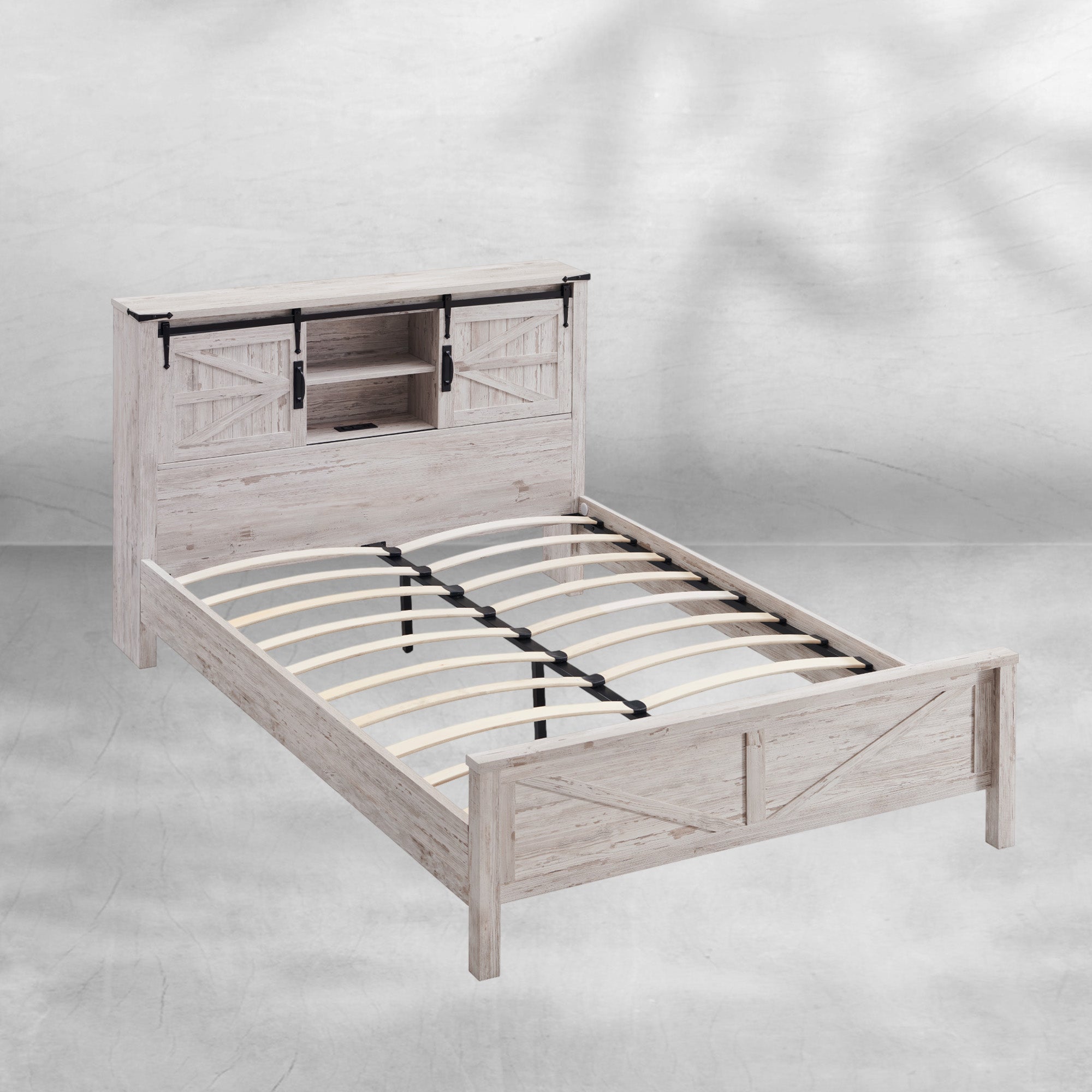 Farmhouse Queen Bed Frame with Storage Headboard, Sliding Barn Door
