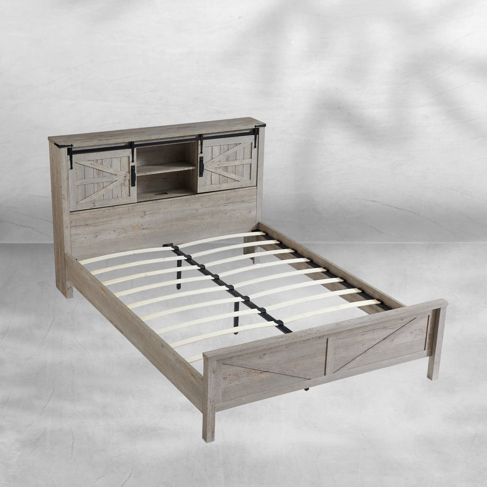 Farmhouse Queen Bed Frame with Storage Headboard, Sliding Barn Door