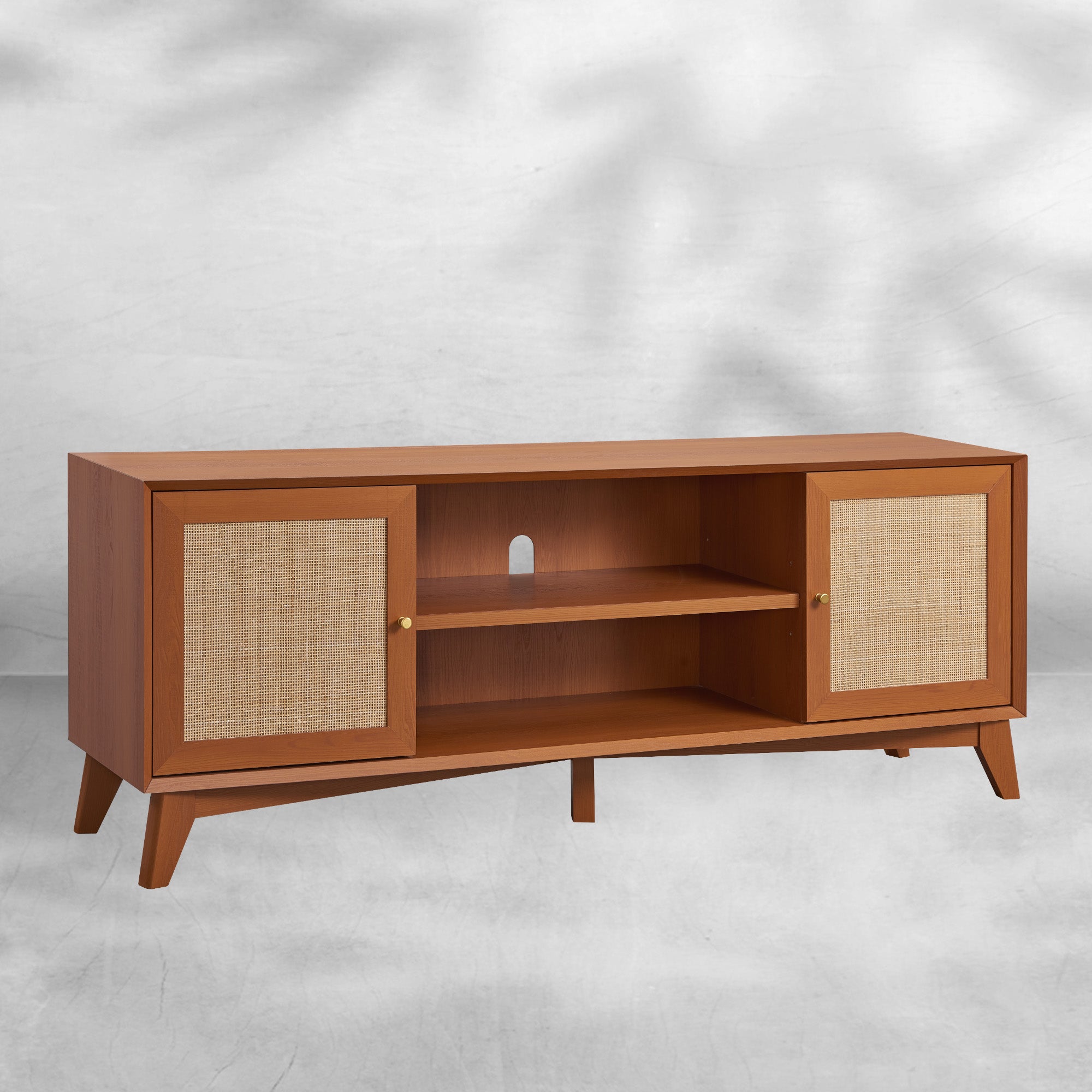 Mid Century Modern TV Stand 66" with Rattan Door for 75"+ TV