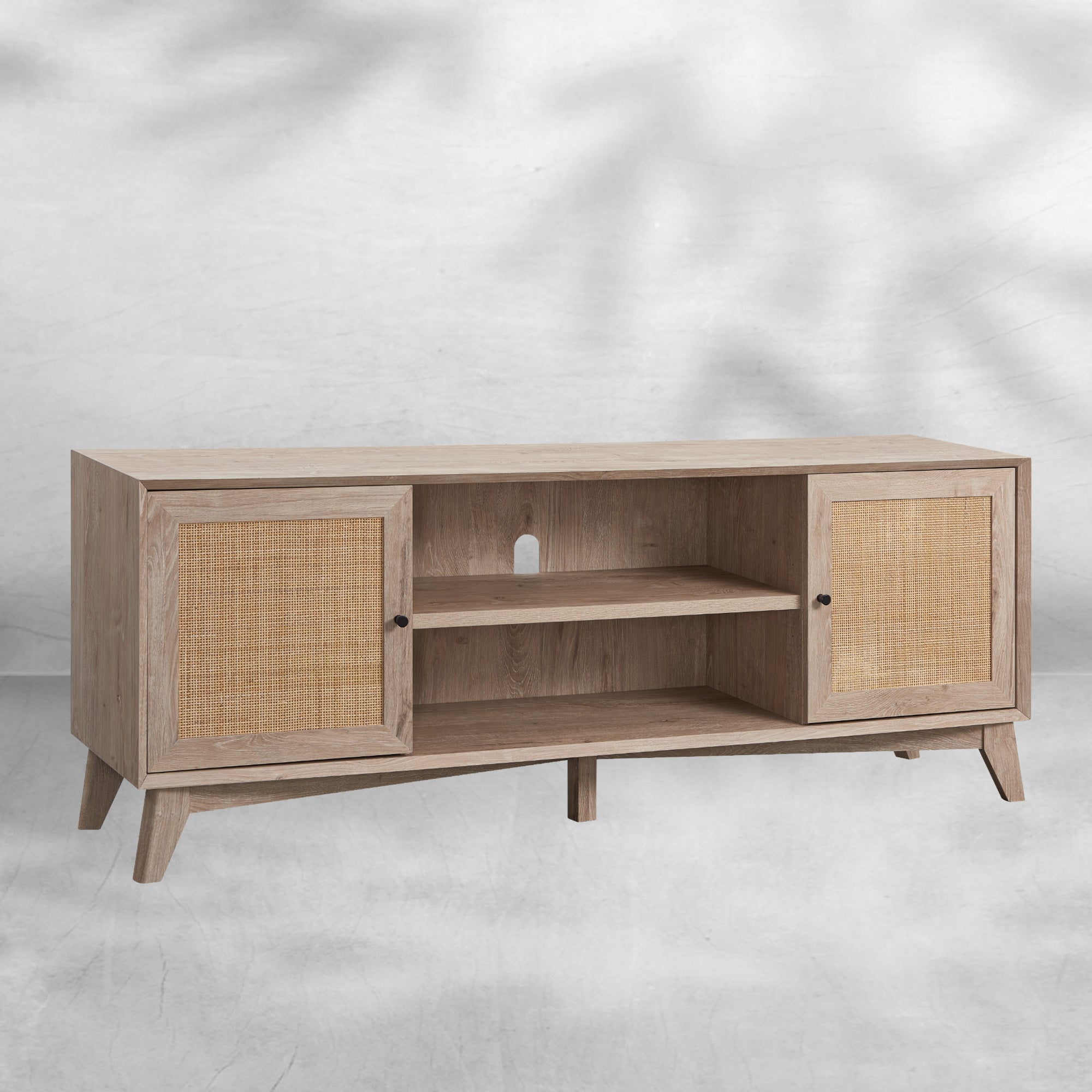Mid Century Modern TV Stand 66" with Rattan Door for 75"+ TV