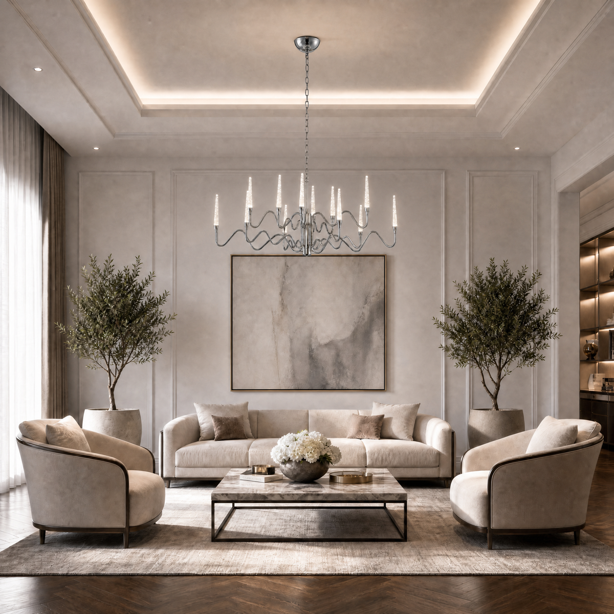 Copper Oval Chandelier in a dining room