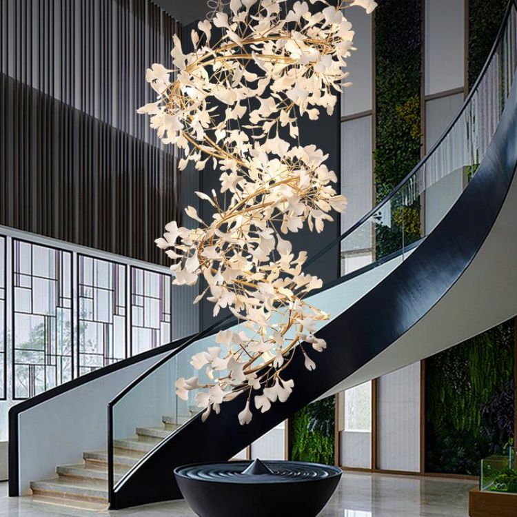 Gliss Ceramic Ginkgo Stair Long Branch Luxury Chandelier for Foyer Entryway