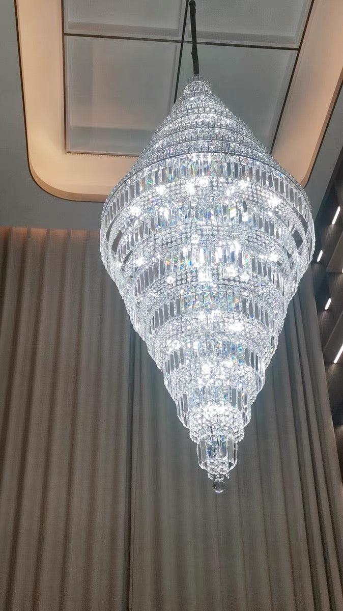 Chrome Extra Length Lurxurious Crystal Chandelier for Foyer Staircase Living Room Entrance Hotel Hallway High Ceiling Light Fixture In Silver
