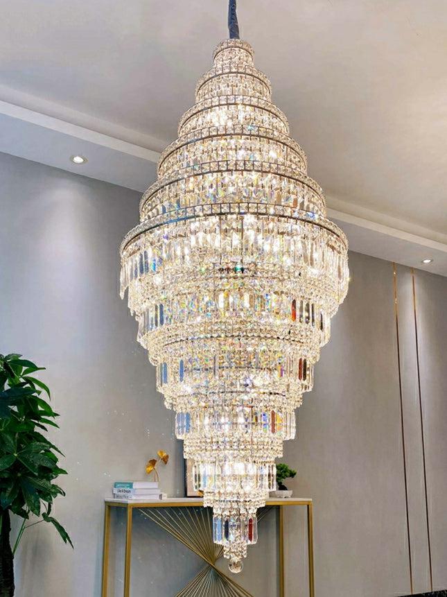 Chrome Extra Large Crystal Chandelier for Foyer Staircase Living Room Entrance Ceiling Light Fixture In Silver