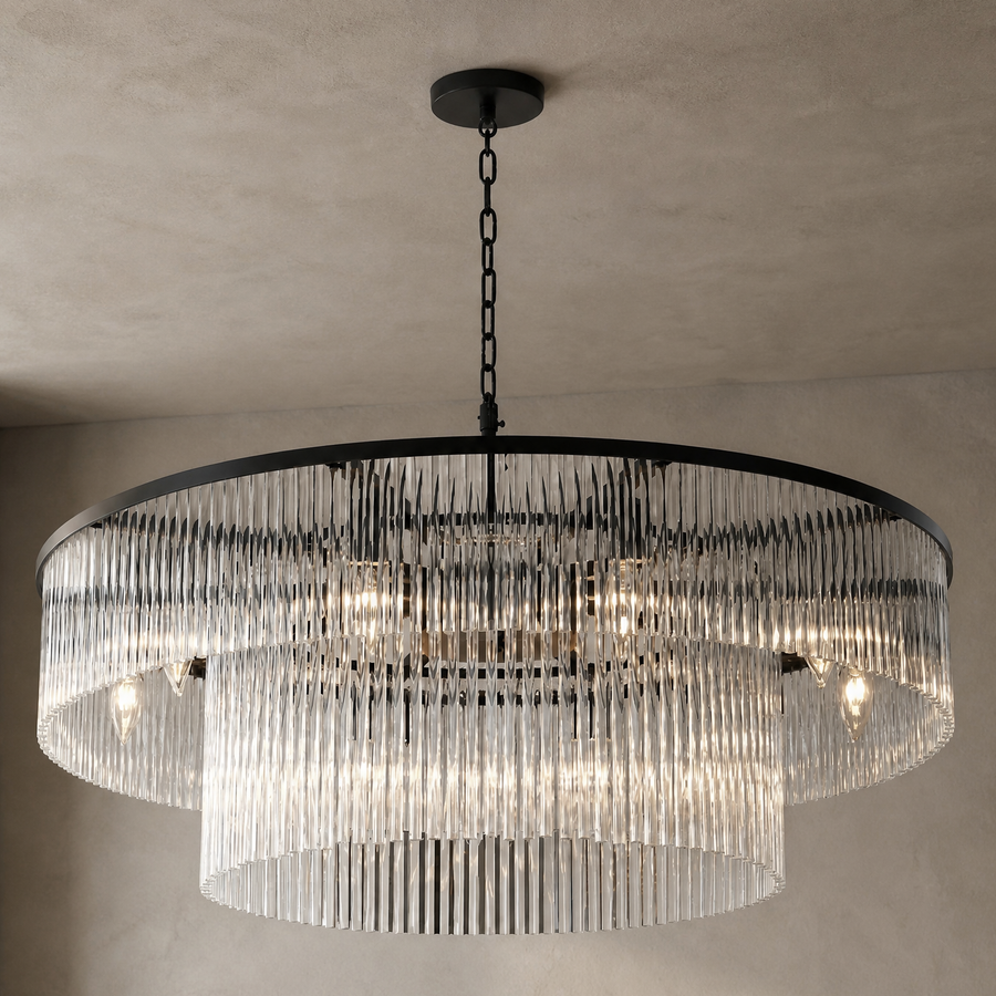 D800 Double-Layer Striped Column Round Pendant - Black
