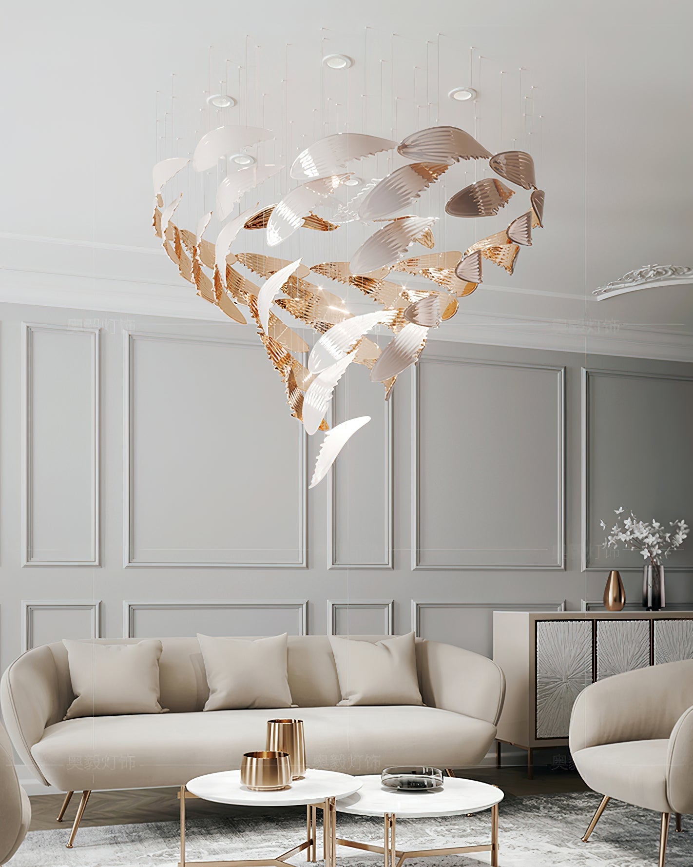 Bennett Chandelier, Long Leaf Shaped Modern Glass Chandelier LED Light Designer Choice Customizable Chandelier