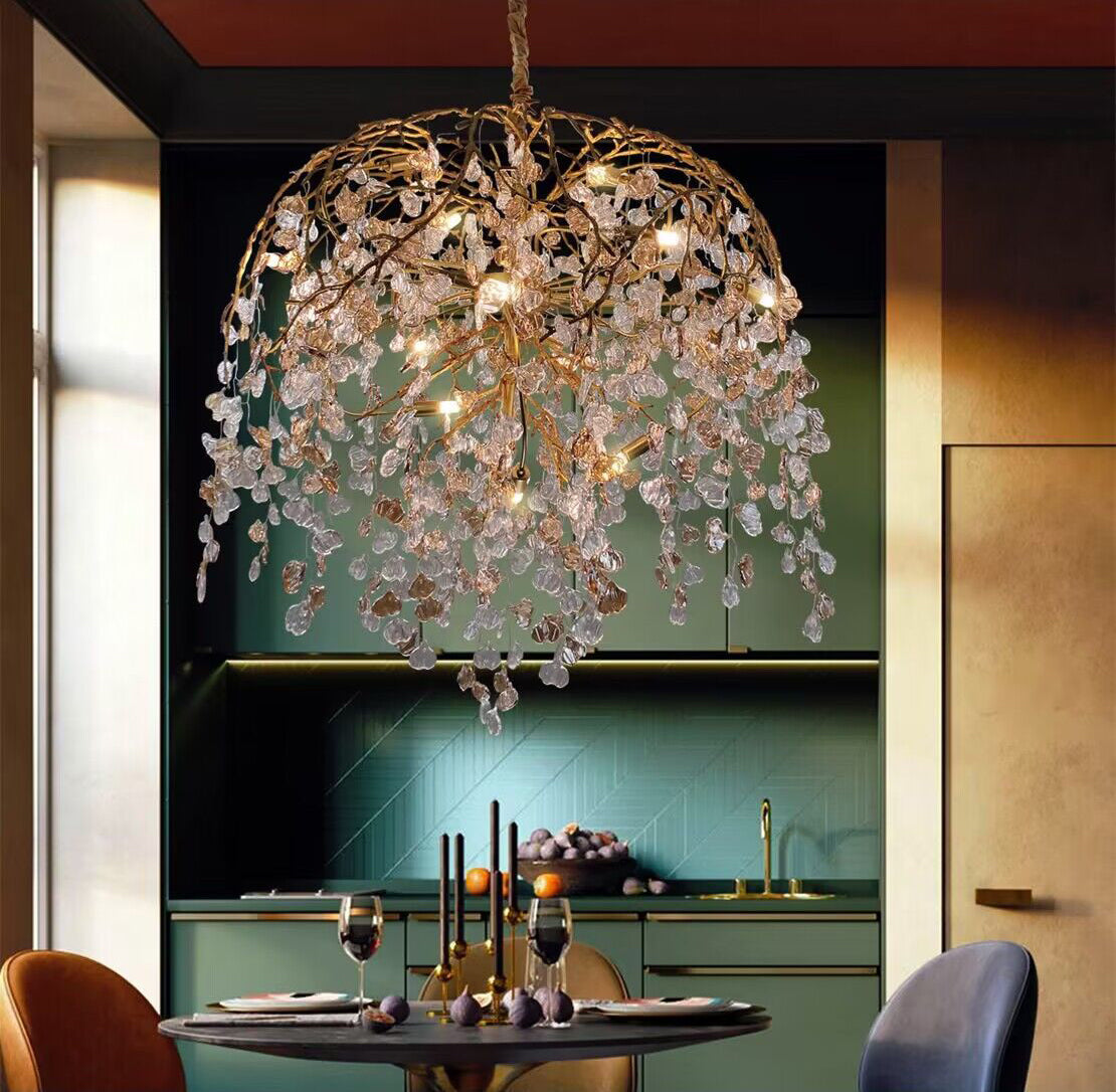 Modern Luxury Leaf Branch Crystal Chandelier Art Copper for Living/Dining Room/Bedroom