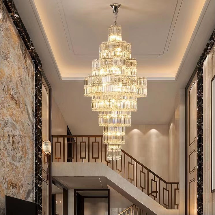 Extra Large Plaza Hall  Multi-Tier Crystal Chandelier Foyer Living Room Staircase Ceiling Lighting Fixture  In Chrome/Gold Finish