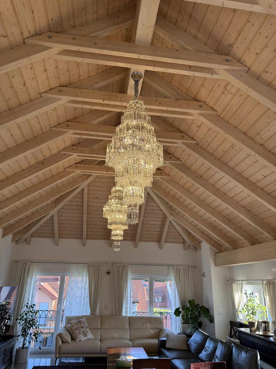 Extra Large Plaza Hall  Multi-Tier Crystal Chandelier Foyer Living Room Staircase Ceiling Lighting Fixture  In Chrome/Gold Finish