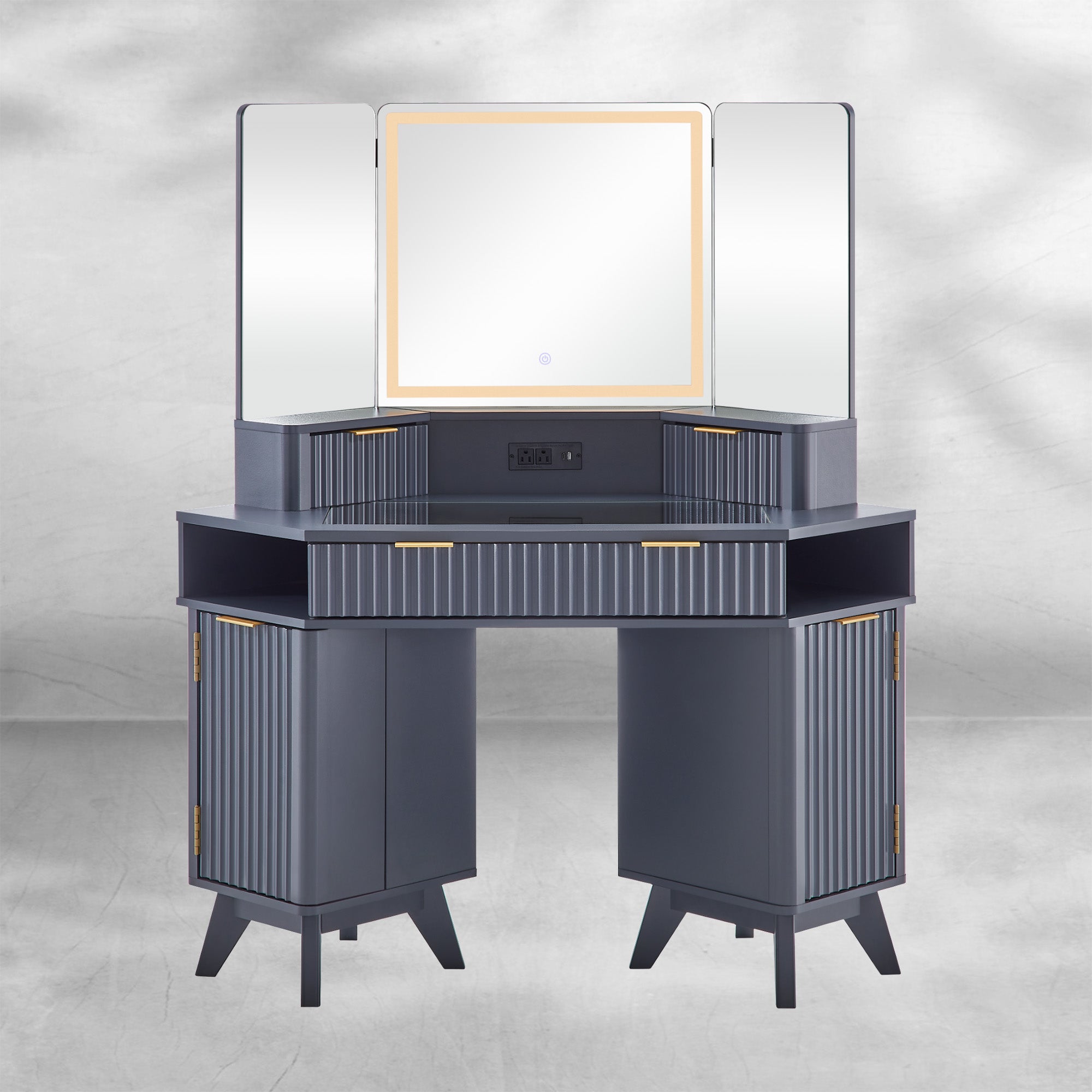 Fluted Makeup Vanity Desk with 3-Way Mirror and Lights