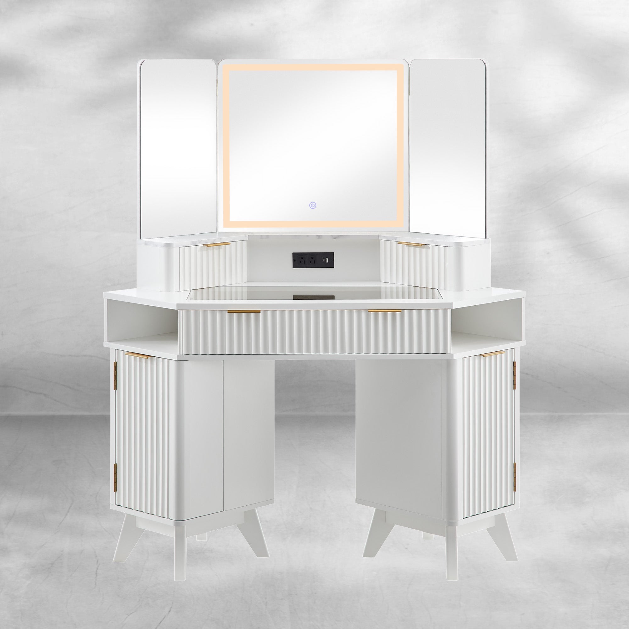 Fluted Makeup Vanity Desk with 3-Way Mirror and Lights