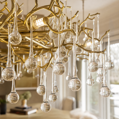 A gold metal branch chandelier with hanging clear crystal raindrops suspended by cables in a room.