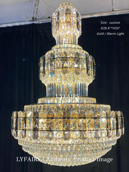 Golden Era Grand Cascade Fountain Smoky Gray&Clear Crystal Chandelier for High-ceiling